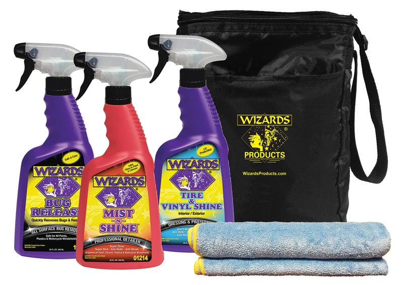 Wizards 5 Piece Car Detailing Kit - Beginner Friendly Professional Car Detailing Kit - Car Accessories for Men - Comes with a Microfiber Towel, Storage Bag and 22 oz Spray Bottles - Image 1